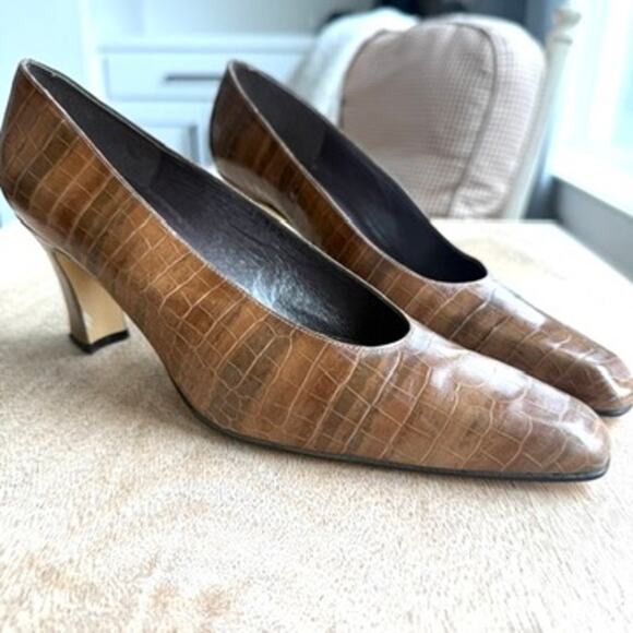 Margaret Jerrold Croc Embossed Leather Pumps Brown Square Toe Heels Size 8 - Picture 10 of 11